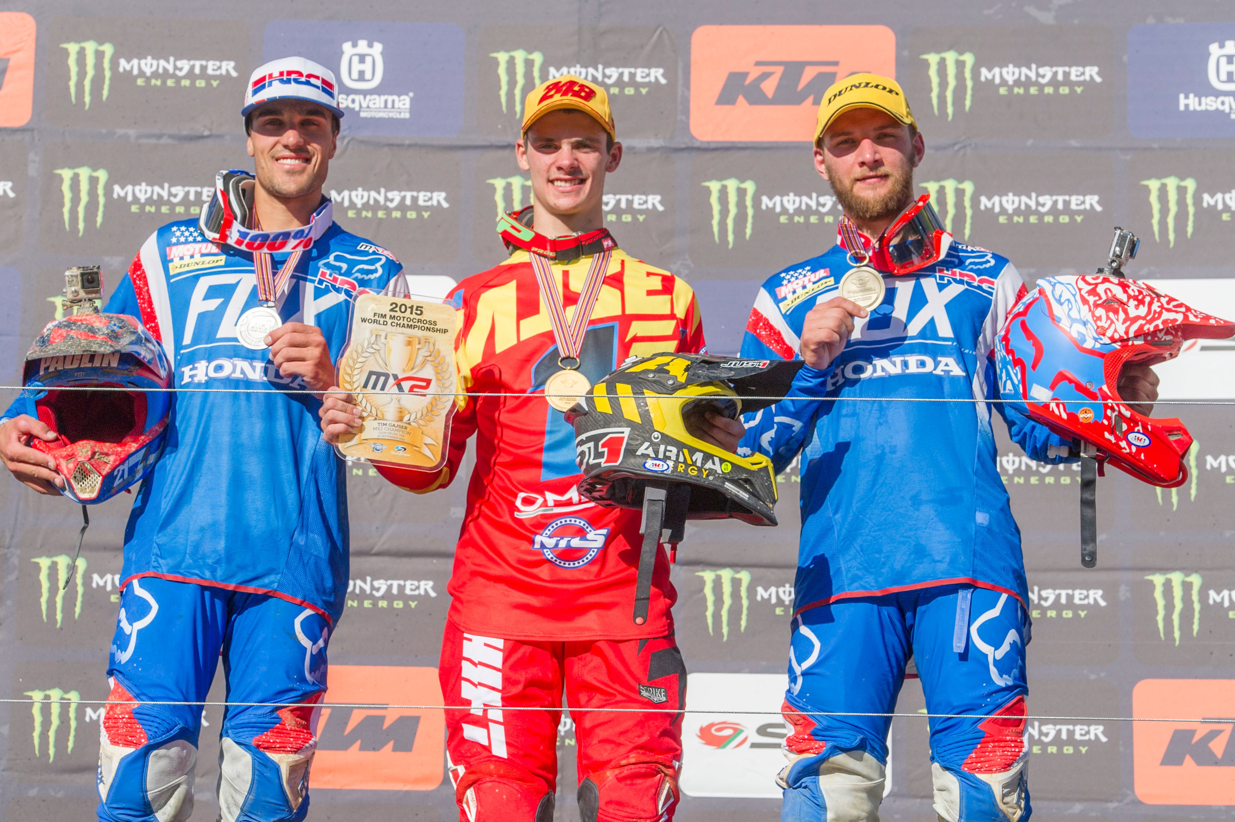 Tim Gajser (center) took 1st in MX2! Gautier Paulin (left) and Evgeny Bobryshev (right) are also Rekluse riders. Photo: HRC.